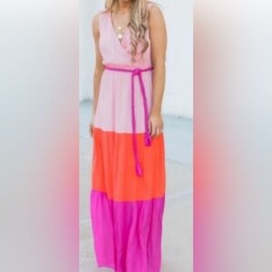 Flying Tomato Pink and Orange Colorblock Tiered Sleeveless Maxi Dress XSmall